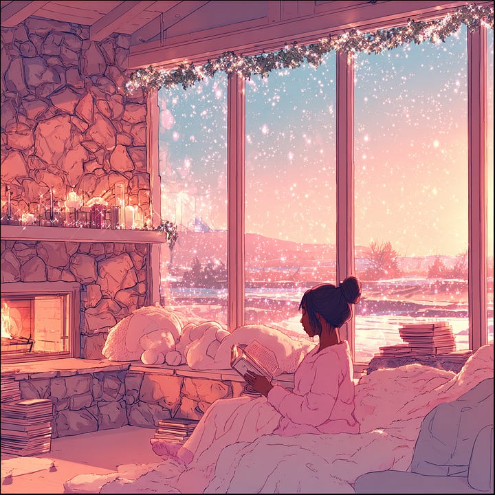 Scenes of cosy, a black woman in a cartoon style sits in front of an open fireplace, a large glass window with snowy winter scene outside