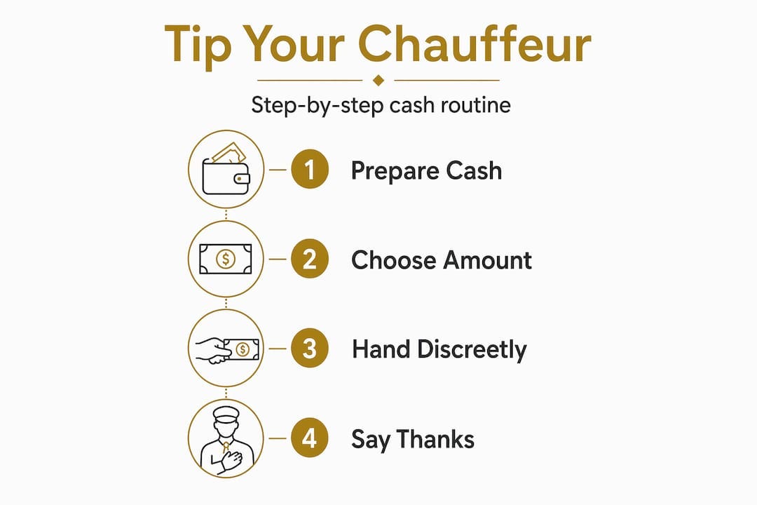 Infographic showing steps for tipping a chauffeur Infographic showing steps for tipping a chauffeur