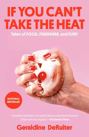 The cover of IF YOU CAN'T TAKE THE HEAT, a hot pink background with red title type and a woman's fist with red polished nails squeezing a cinnamon roll to death