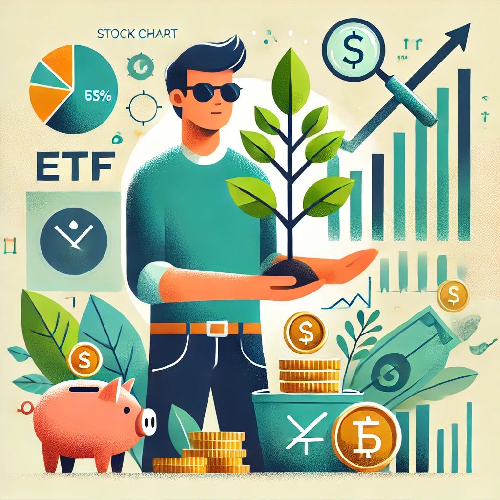 A professional and engaging illustration designed to introduce teens to investing. The image features a confident teenager holding a small tree growing out of a pile of coins, symbolizing investment growth over time. Surrounding the teen are icons such as a piggy bank, stock chart, ETF symbol, and a magnifying glass, representing financial tools and concepts. The background includes subtle symbols of growth like upward arrows and light green leaves. The color palette uses vibrant yet calming tones like greens, blues, and golds to create a sense of optimism and accessibility for young investors.