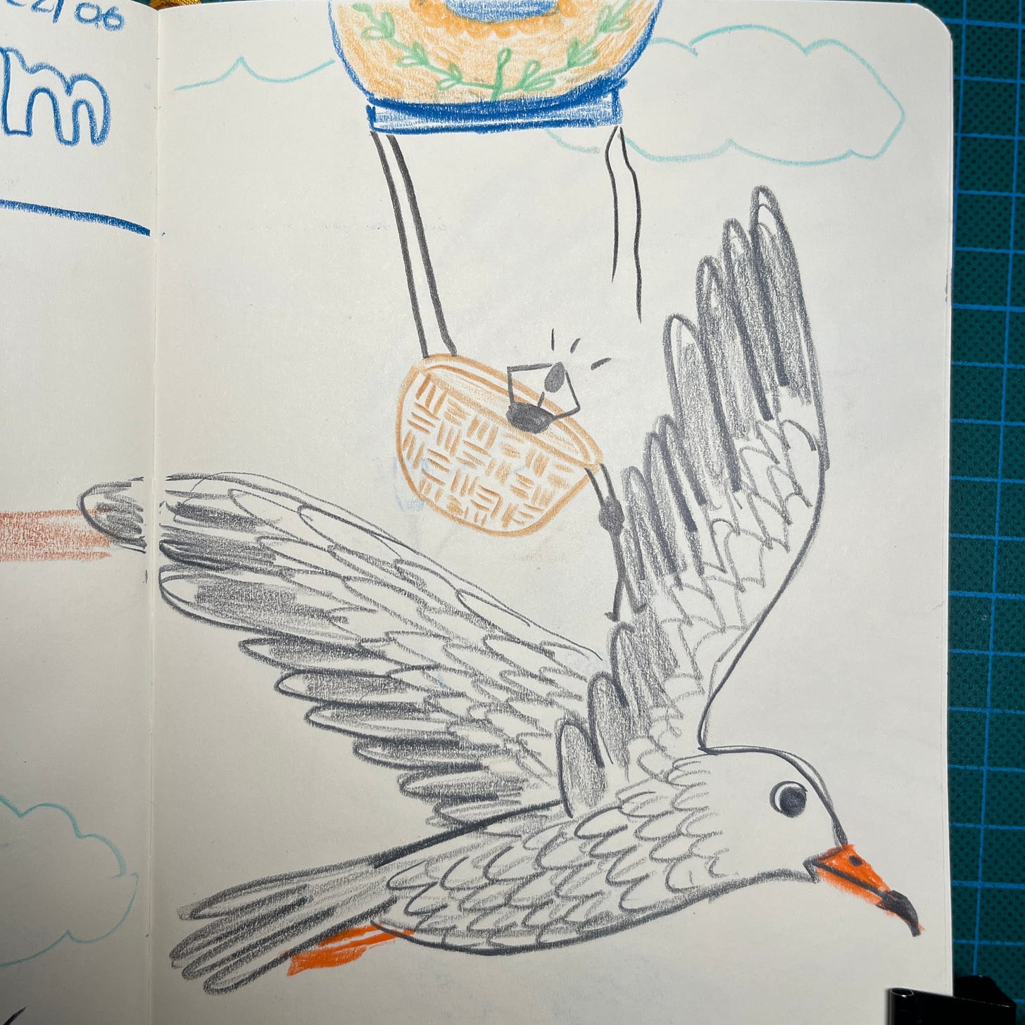 Photo d'une page de mon sketchbook où j'ai dessiné la même montgolfière mais deux cordes qui reliaient la nacelle à la montgolfière ont cassé, un des bonhommes a les pieds dans le vide. Un oiseau géant arrive juste sous lui.