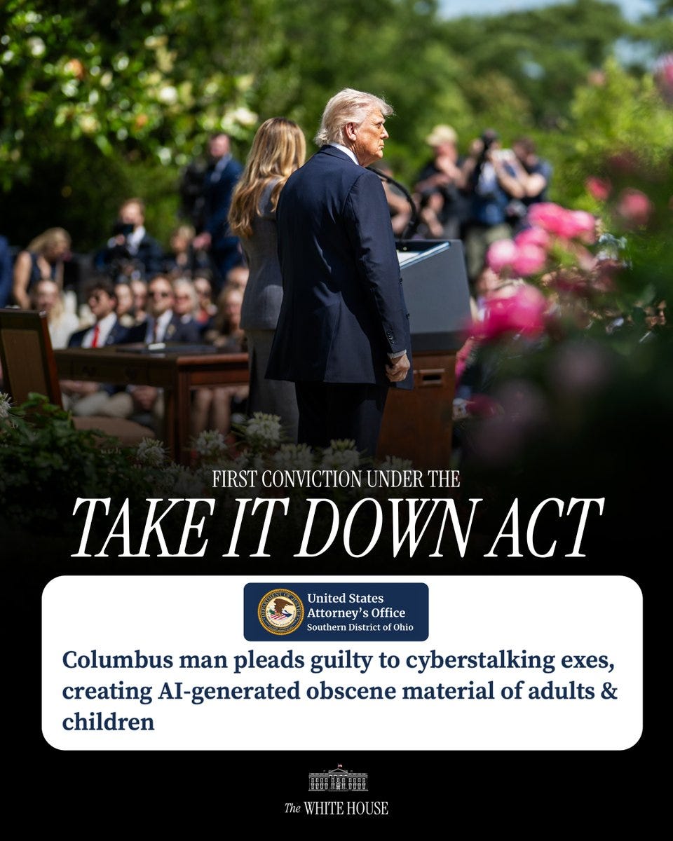 LAW AND ORDER: The first conviction has been made under the TAKE IT DOWN Act,  signed into law by POTUS and championed by FLOTUS, protecting children from  online abuse. 🇺🇸