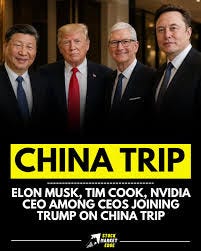 Tech CEOs Elon Musk, Tim Cook & Nvidia's boss join Donald Trump on a China visit to discuss business deals. Leaders aim to boost trade and tech partnerships between the U.S. and Tech CEOs Elon Musk, Tim Cook & Nvidia's boss join Donald Trump on a China visit to discuss business deals. Leaders aim to boost trade and tech partnerships between the U.S. and