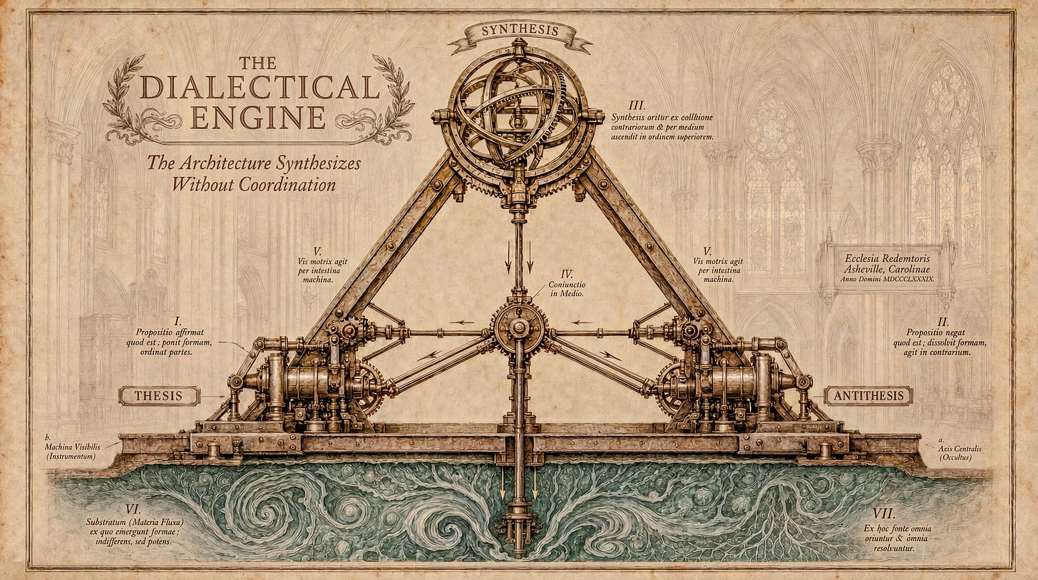 A copperplate engraving in 18th-century scientific-plate style depicting a triangular mechanical apparatus inside a Gothic cathedral interior. Thesis and antithesis mechanisms at the lower vertices drive a synthesis armillary at the apex. A hidden drive shaft descends through the base into a verdigris-blue substrate layer of swirling currents, suggesting that the visible mechanism produces an unseen output beneath itself. Title text reads "THE DIALECTICAL ENGINE" with subtitle "The Architecture Synthesizes Without Coordination."