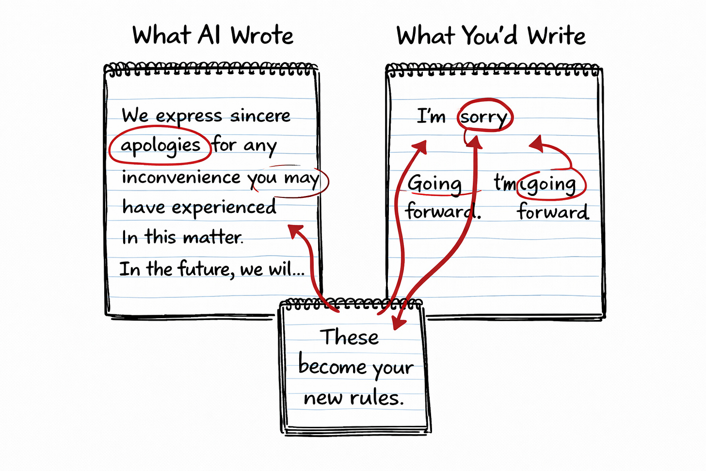 Hand-drawn side-by-side comparison of two notebook pages. One page labeled “What AI Wrote,” the other “What You’d Write.” Red circles highlight differences, with arrows pointing to a small notepad labeled “These become your new rules.” Hand-drawn side-by-side comparison of two notebook pages. One page labeled “What AI Wrote,” the other “What You’d Write.” Red circles highlight differences, with arrows pointing to a small notepad labeled “These become your new rules.”