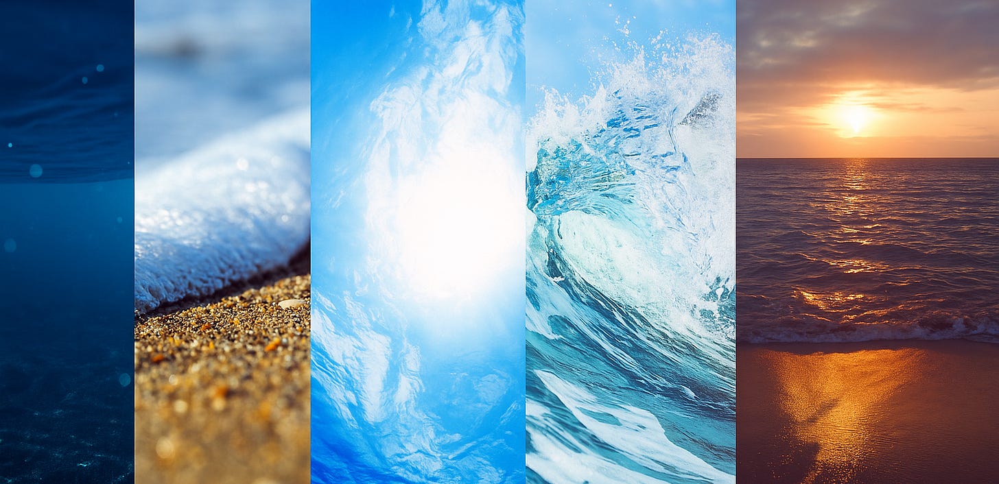 Horizontal collage of photos depicting ocean tidal phases ranging from calm to connection to rage to peace. Horizontal collage of photos depicting ocean tidal phases ranging from calm to connection to rage to peace.