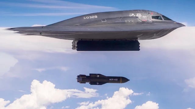 One demonstration test launch of di B-2 Spirit, wey dey known as di stealth bomber, e dey drop one Massive Ordnance Penetrator (MOP) bomb