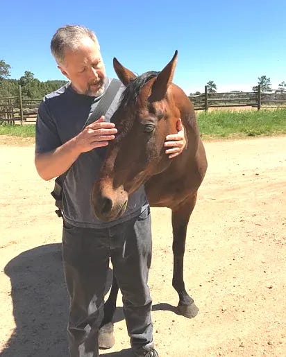 Brown horse hugged by a tall man wearing gray shirt and pants