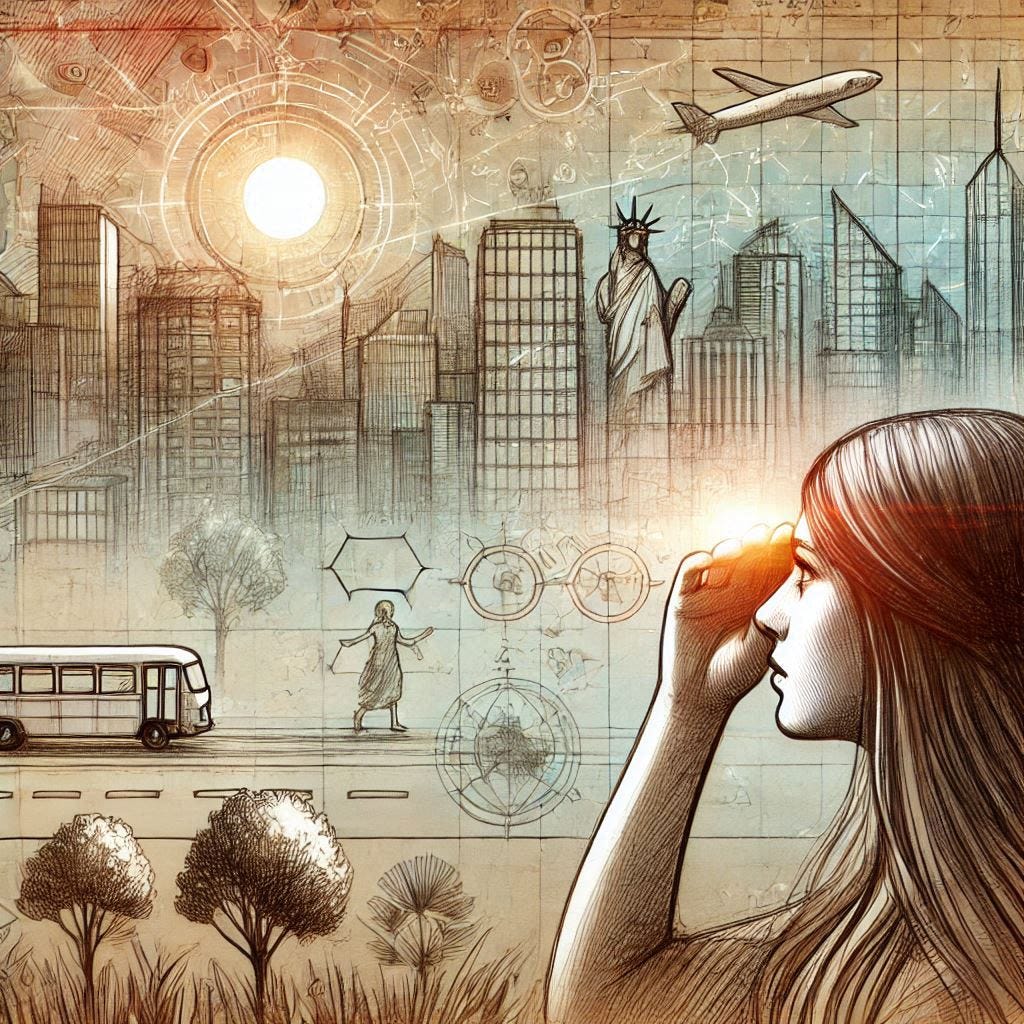 a drawing of a woman visualising the future