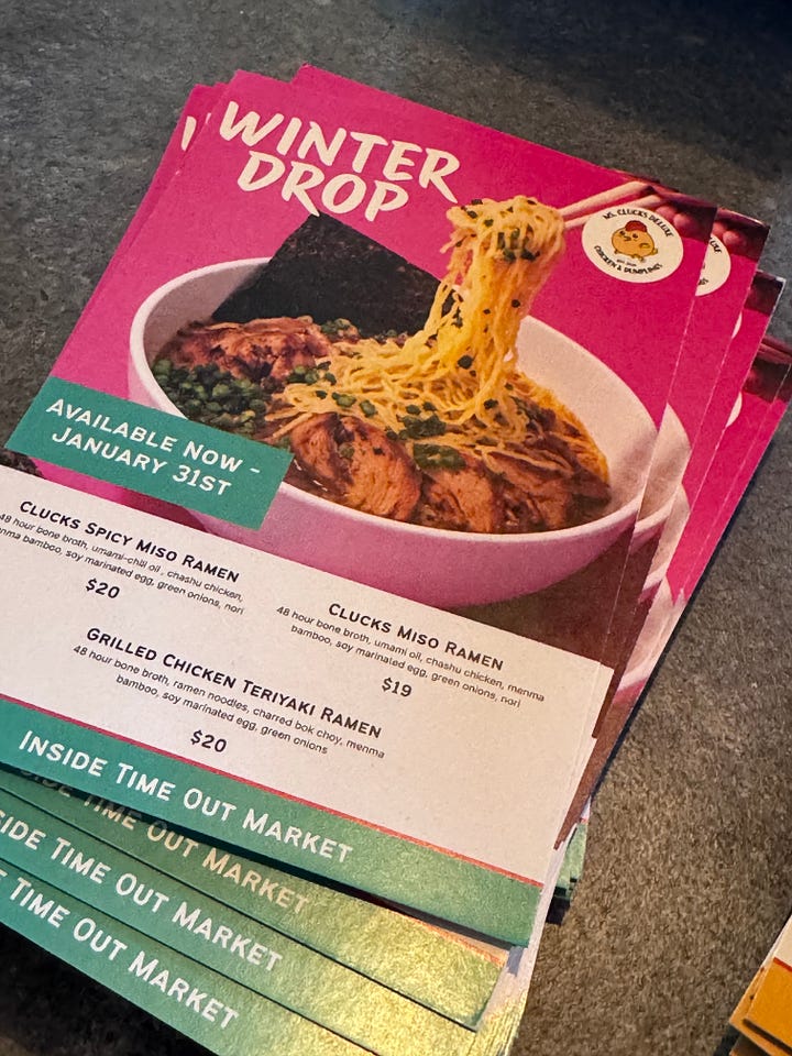 photos of promotional postcard for winter food specials; Asian nori tacos; a large vegan Caesar salad plate; and a hamburger