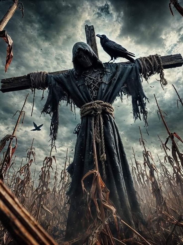 This may contain: a scarecrow standing in the middle of a cornfield with two crows on his shoulder