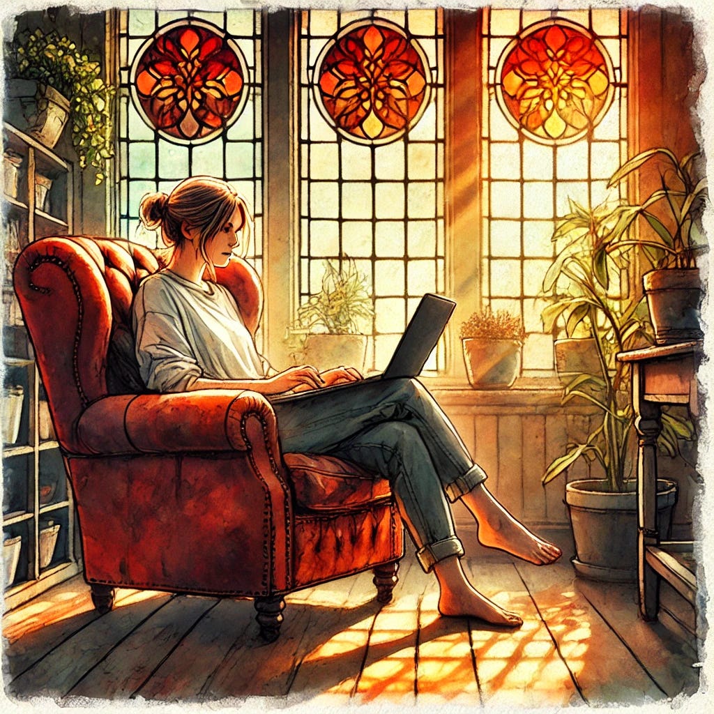 A watercolor-style digital painting depicting a woman sitting in a worn leather chair in a cozy, sunlit room. The woman, relaxed yet focused, is typing on a laptop balanced on her lap. Her hands are slightly dirty, hinting at potting soil. Warm afternoon sunlight streams through stained-glass windows behind her, casting intricate patterns of amber, ruby, and gold across the scene. The atmosphere is calm but thoughtful, with subtle tension in her expression. The room features small details like a potted plant nearby, a rustic wooden floor, and a quiet, introspective ambiance.