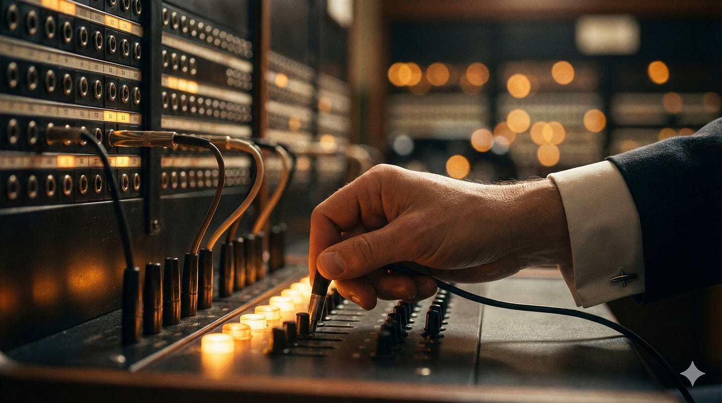 A close-up photograph of a hand in a business suit plugging a patch cord into a vintage telephone switchboard console bathed in warm light, symbolizing the need for active dispatching in a complex system.