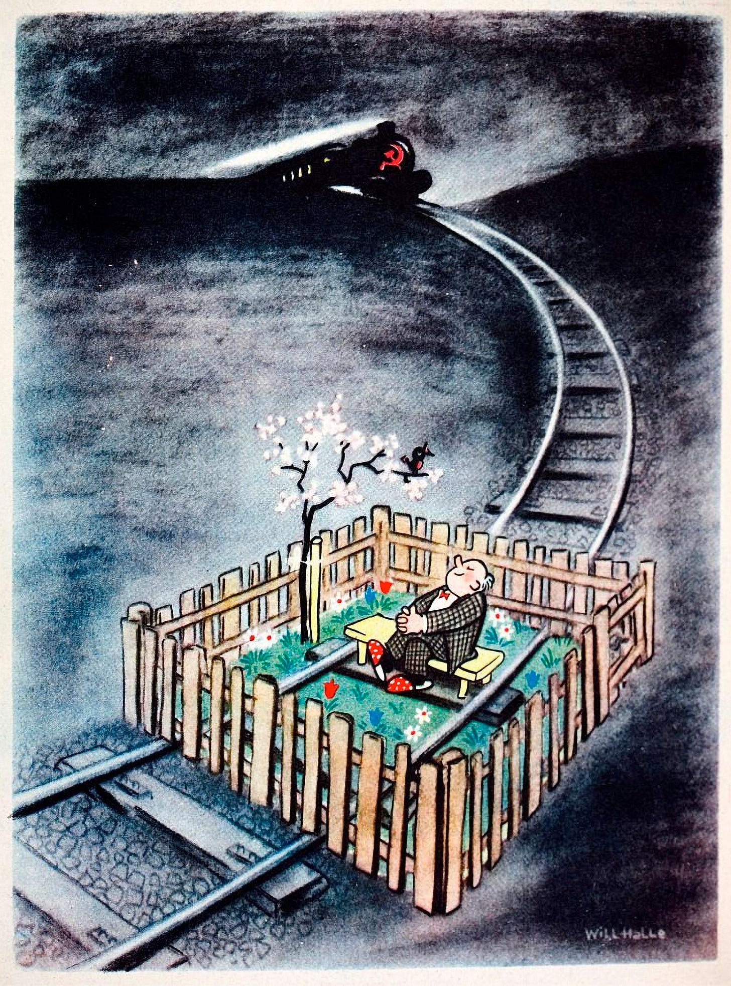 Political Cartoon by Will Halle. A man sits peacefully in his garden, which straddles a set of RR tracks while a black train with a hammer & sickle looms in the background. 