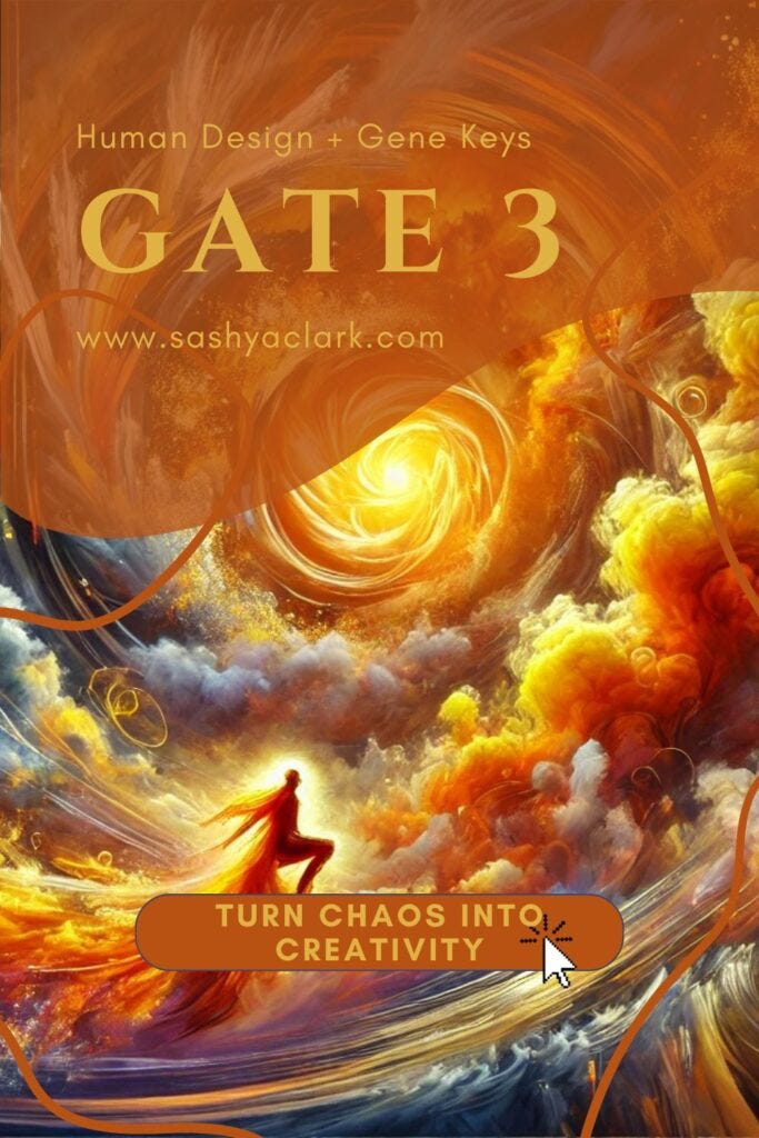 A vibrant, abstract scene inspired by Gate 3 in Human Design, with chaotic, swirling orange hues symbolizing the energy of new beginnings and transformation.  The creative inspiration in the clouds swirl around a young man with a superhero cap on.