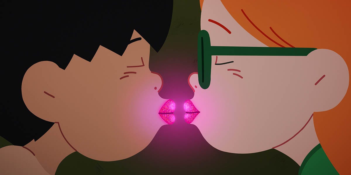 A boy with black hair and a girl with red hair pucker their glowing pink lips toward each other.