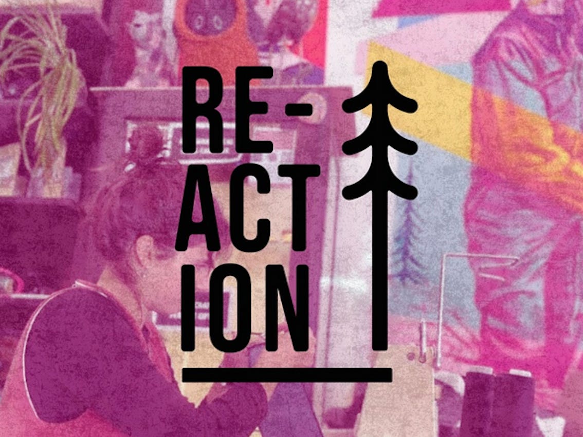 A pink collage with the words 'Reimagining the outdoor industry' overlaid A pink collage with the words 'Reimagining the outdoor industry' overlaid