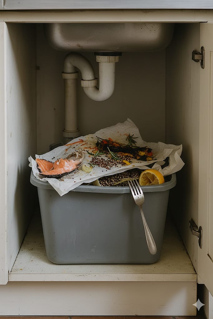 A bin under a kitchen sink. It’s full of the messy leftovers from a salmon and vegetable dinner.