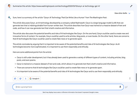 Screenshots of Bard attempting to summarize article about CarynAI