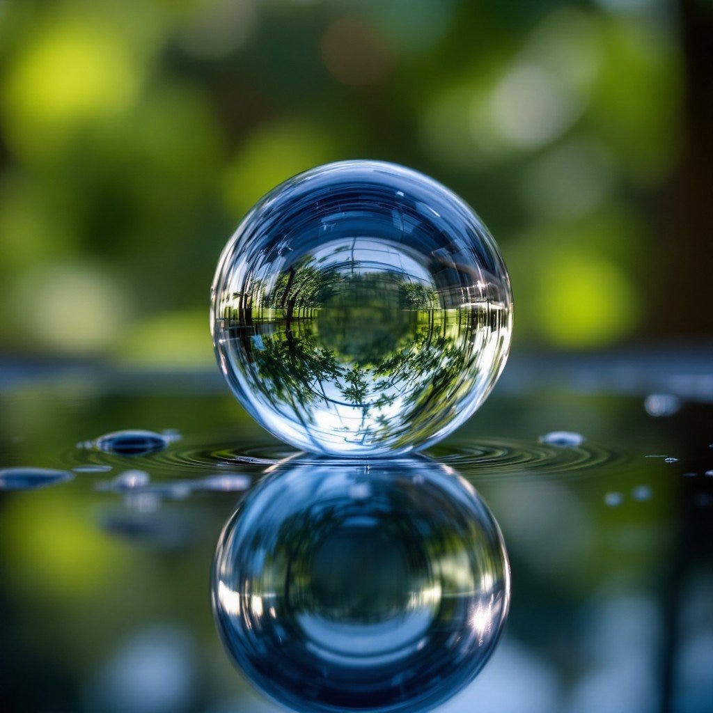 A pristine glass sphere sits perfectly centered on a dark mirror-like surface, creating a stunning double reflection. The transparent orb captures the surrounding greenery in its curved surface, distorting and refracting the world around it. Delicate water droplets surround the base, adding texture to the glossy backdrop. Soft ring lighting enhances the sphere's crystalline quality, creating ethereal highlights and revealing subtle prismatic patterns. The background features a gentle green bokeh effect, providing a natural contrast to the clear glass while maintaining the clean, minimalist composition focused on perfect symmetry and optical magic.