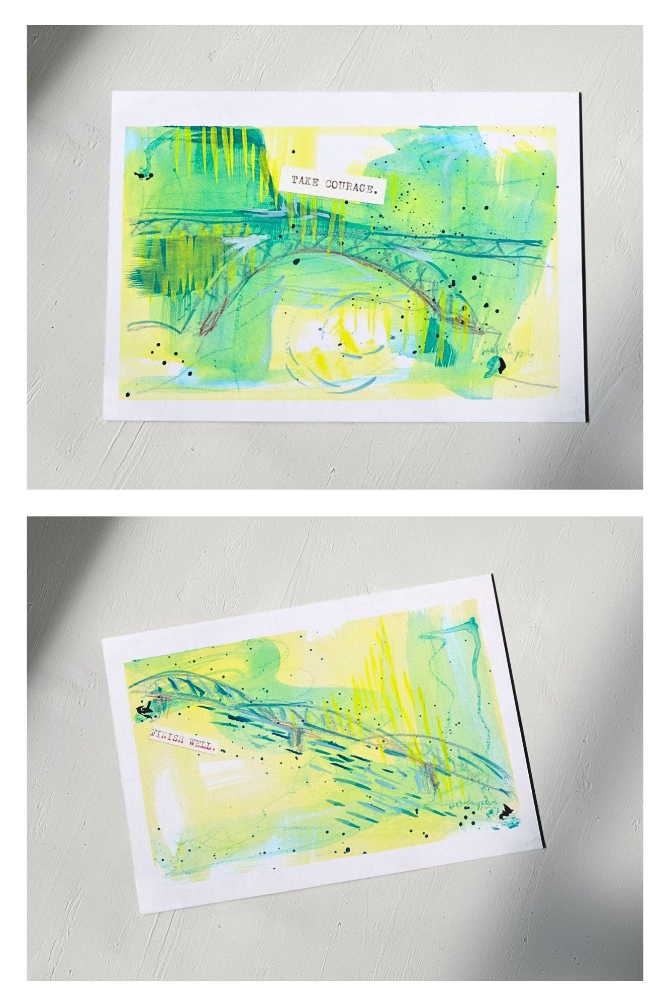 image: two abstract paintings from Point A to B series, in green, yellow, with mark making, showing bridges from Porto, with the words, Take Courage and Finish Well