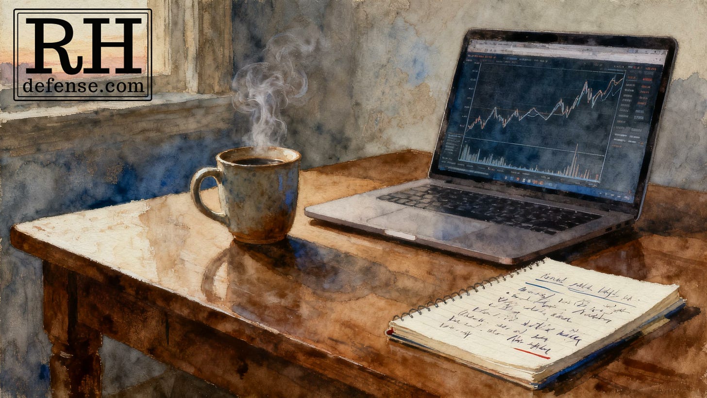 A quiet early-morning desk with a steaming coffee mug beside an open laptop showing muted stock charts, a handwritten legal pad nearby, and soft sunrise light coming through a window. A quiet early-morning desk with a steaming coffee mug beside an open laptop showing muted stock charts, a handwritten legal pad nearby, and soft sunrise light coming through a window.