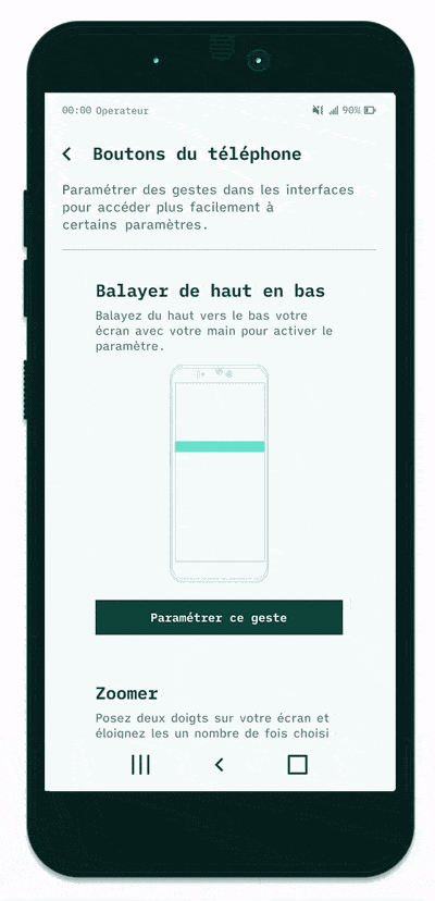 Une interface de smartphone où il est possible de choisir un geste à assigner à un paramètre