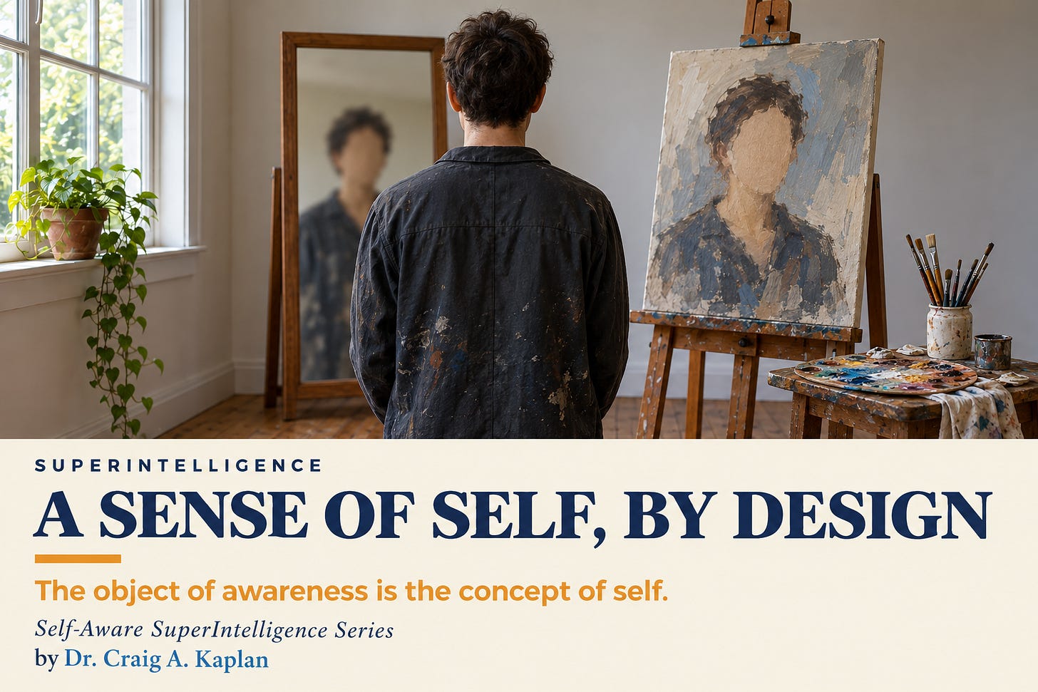 A painter seen from behind looks into a tall mirror, their reflection soft and indistinct, beside an easel holding an unfinished self-portrait of the same figure. Below, a cream band reads: Superintelligence. A sense of self, by design. The object of awareness is the concept of self. Self-Aware SuperIntelligence Series. By Dr. Craig A. Kaplan. A painter seen from behind looks into a tall mirror, their reflection soft and indistinct, beside an easel holding an unfinished self-portrait of the same figure. Below, a cream band reads: Superintelligence. A sense of self, by design. The object of awareness is the concept of self. Self-Aware SuperIntelligence Series. By Dr. Craig A. Kaplan.