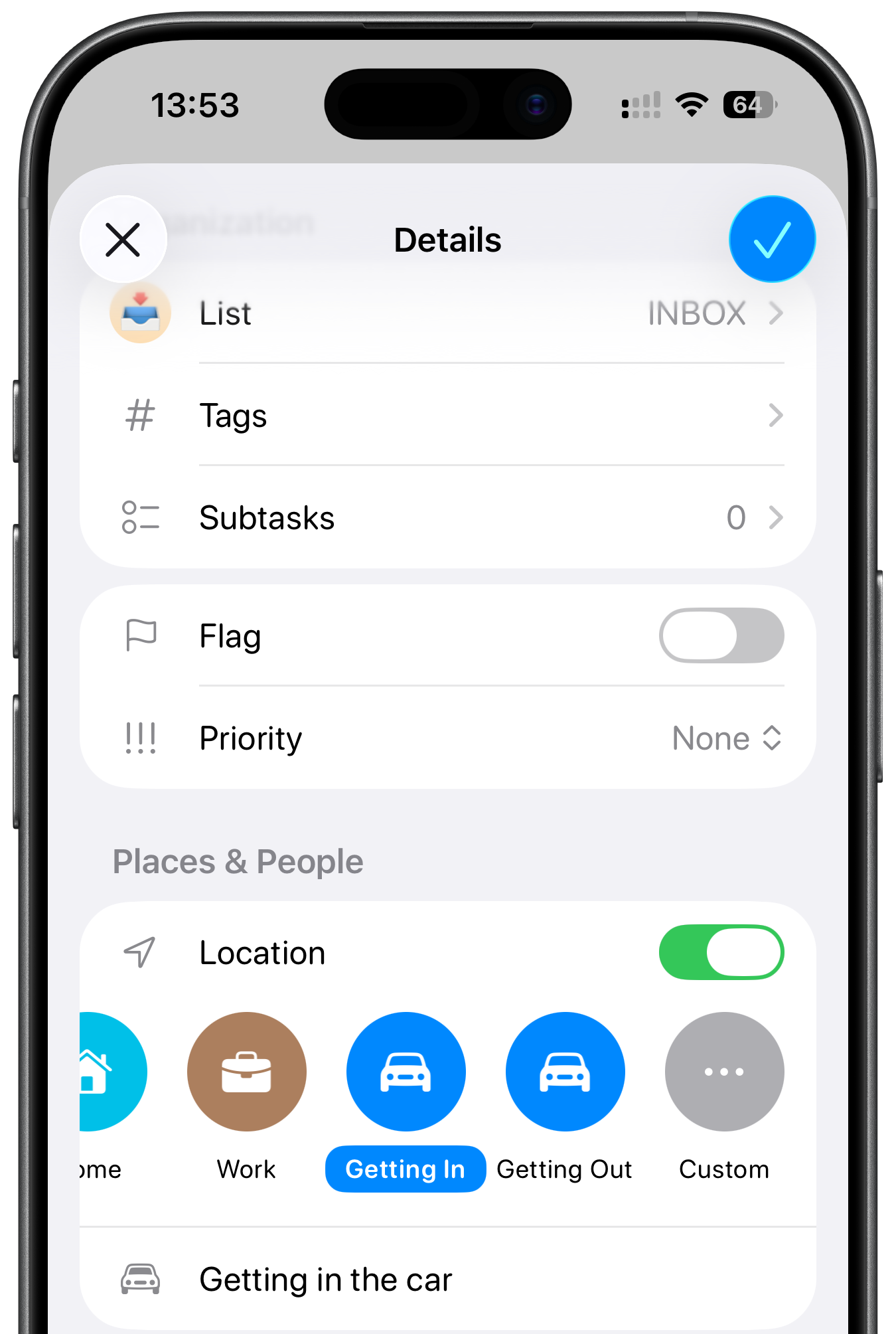 Location setting in Apple Reminders on iPhone 16 Pro