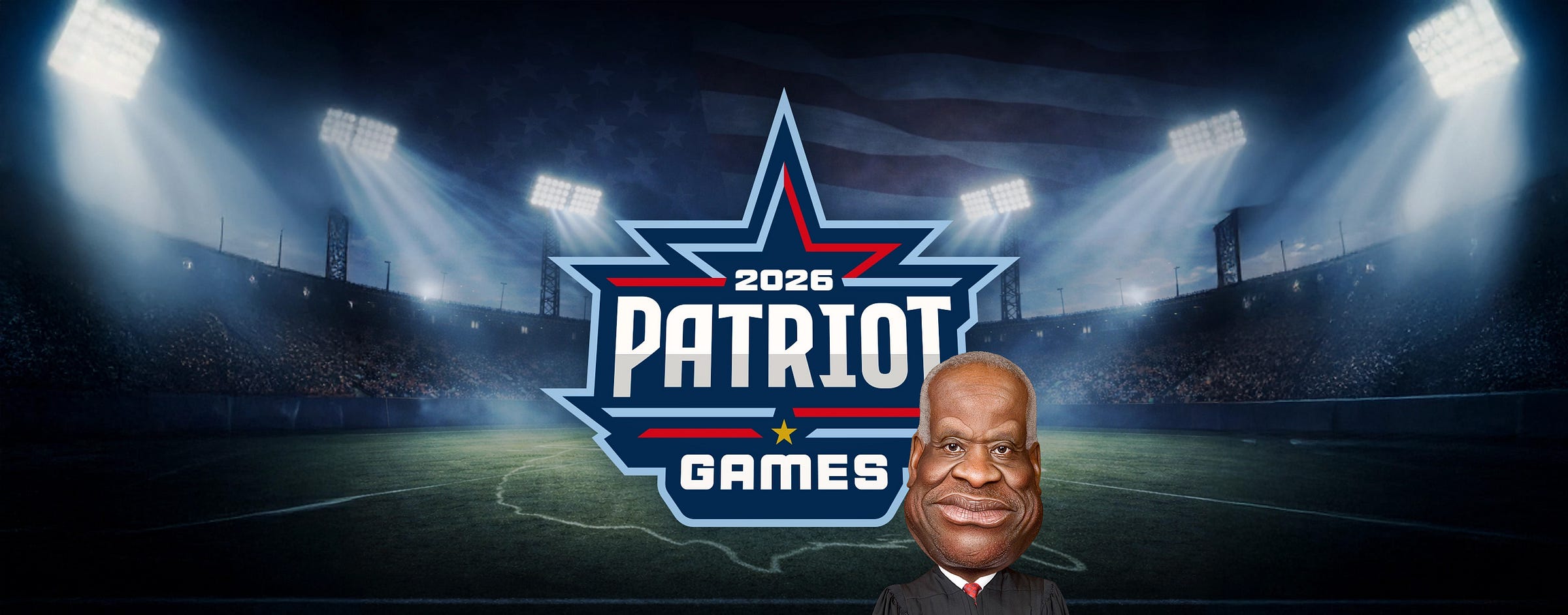 Image of Patriot Games website screenshot with Clarence Thomas caricature superimposed 