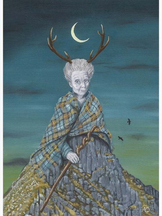 The Scottish Hag Cailleach wrapped in a tartan rises up from the moss covered stone. She has short hair with antlers coming from her head that frame the crescent moon. The Scottish Hag Cailleach wrapped in a tartan rises up from the moss covered stone. She has short hair with antlers coming from her head that frame the crescent moon.