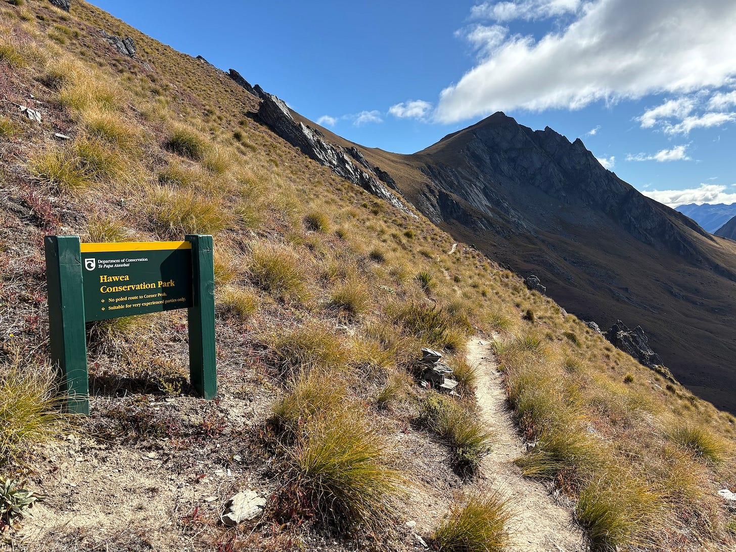 Hawea Conservation Park sign at start of Corner Peak route