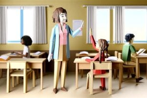 origami illustration of a teacher in a classroom