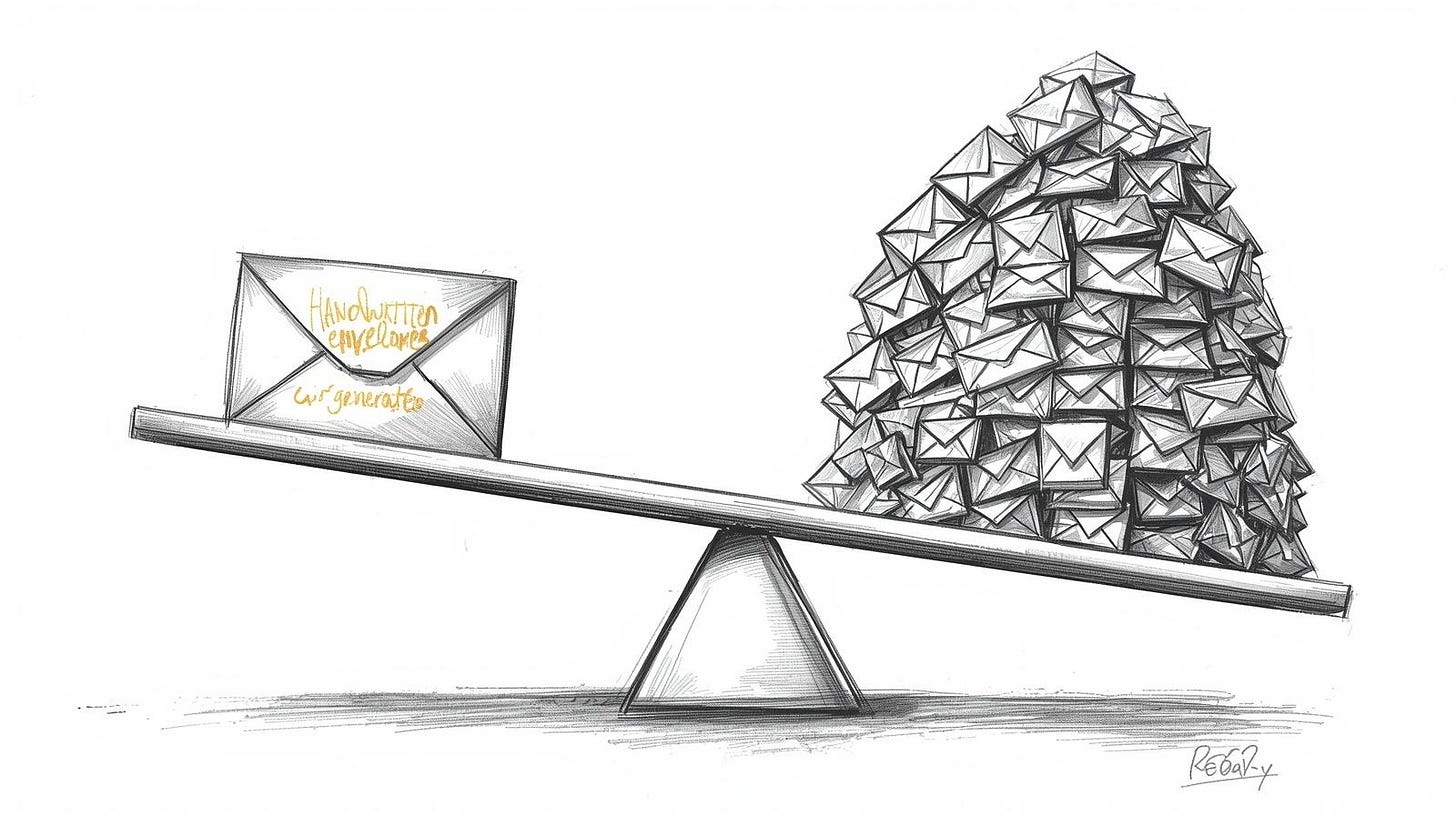 Scale balancing one handwritten envelope against hundreds of identical AI messages