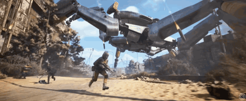 a man with a gun is running from a large robotic vehicle a man with a gun is running from a large robotic vehicle