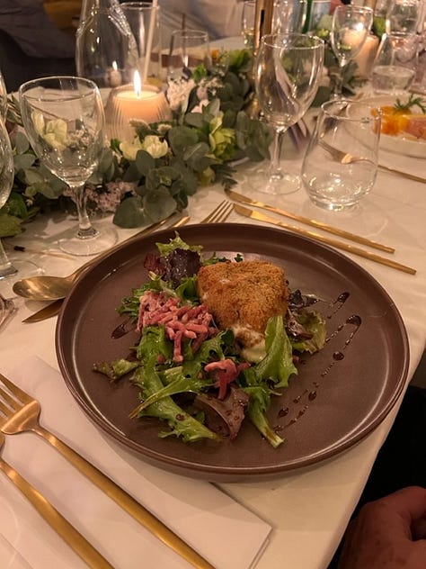 Photos of a multi-course meal with different plates of fish, meat and vegetables