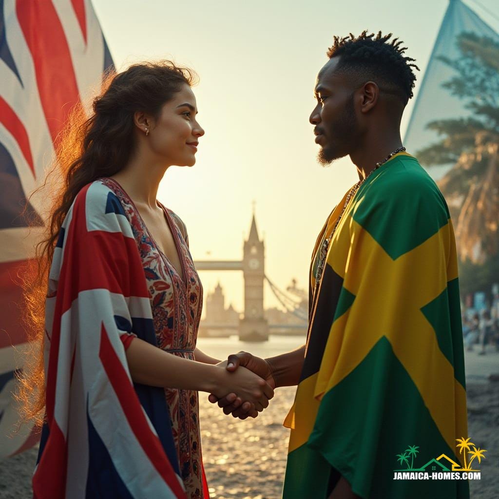  A highly detailed, realistic, high-resolution cinematic film still shot on v-raptor XL, showing a white person representing the UK and a beautiful, mixed-race person representing Jamaica shaking hands in the foreground. Behind them, the UK and Jamaican flags flow in proper colors, blending naturally yet distinctly. The background forms a historical montage, with UK landmarks like Big Ben and Tower Bridge on one side, and Jamaican elements like tropical beaches and Blue Mountains on the other, with historical figures subtly depicted. The montage visually compresses centuries of each country’s history into a cohesive, flowing scene. The lighting is warm and natural, emphasizing collaboration and unity. The people wear culturally inspired modern clothing. The image symbolizes friendship, historical connection, and partnership, blending culture, color, history, and environment naturally. Film grain, vignette, color graded, post-processed, cinematic lighting, 35mm film, live-action, best quality, atmospheric, a masterpiece, epic, stunning, dramatic.