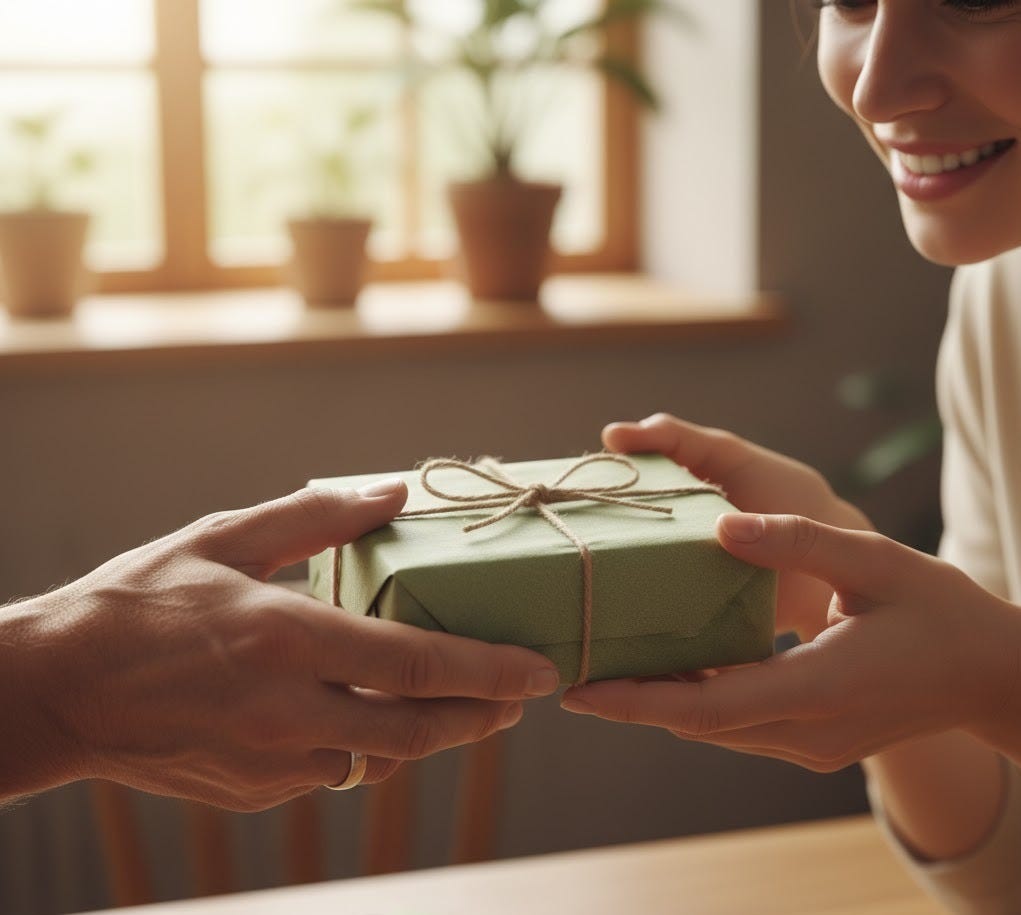 Close-up shot of two hands exchanging a small, simply wrapped gift. The gift is wrapped in green paper and tied with natural twine. The hands are gently passing the gift, with one pair of hands extending it and the other pair receiving it. In the background, out of focus, a person is smiling, suggesting appreciation and gratitude. The setting appears to be indoors with a window and potted plants in the soft, natural light.