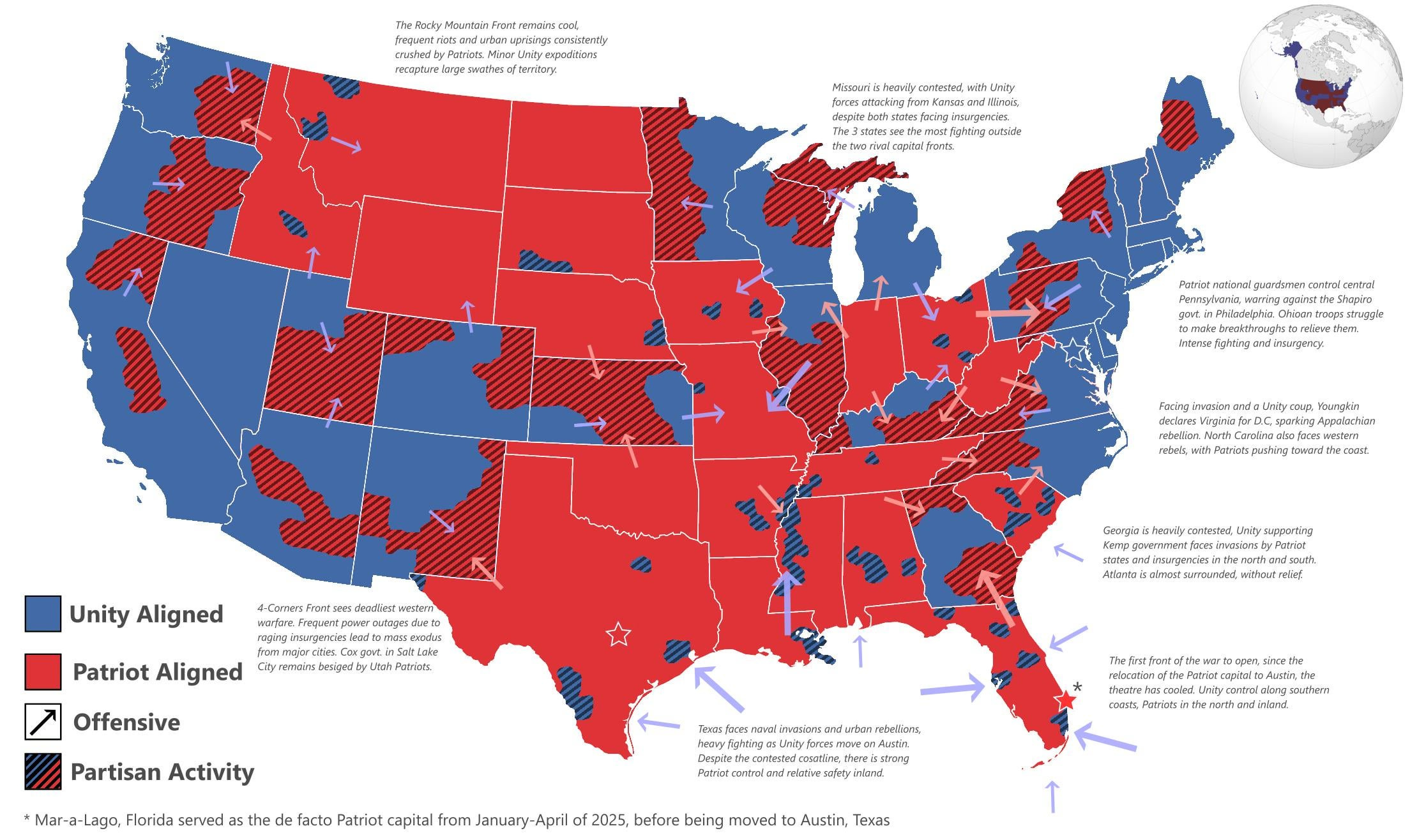 Map of the 2nd American Civil War: State allegiances, major offensives and insurgent activity (c. July 2025) : r/imaginarymaps