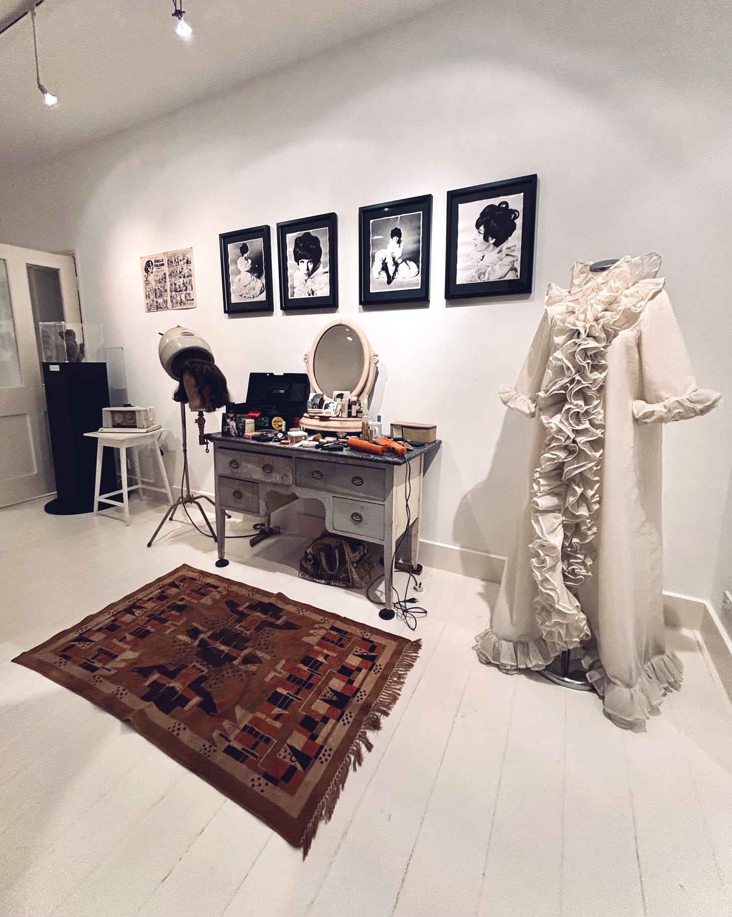 Fenella Fieldings Dressing table, make up , photos and dress from Gallery 286 On Stage off Stage Exhibition 