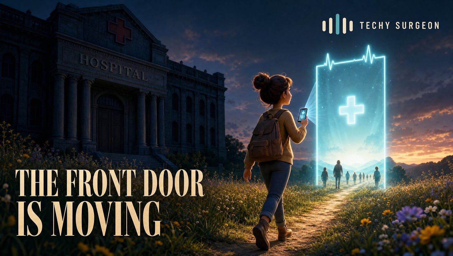 A woman walks past a dark closed hospital toward a glowing teal doorway of light projected from her phone, marked with a medical cross and heartbeat line, as others walk through ahead of her