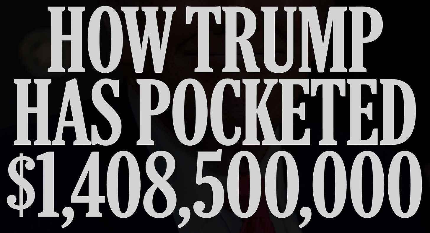 Screenshot of New York Times headlines that says How Trump Has Pocketed $1,408,500,000