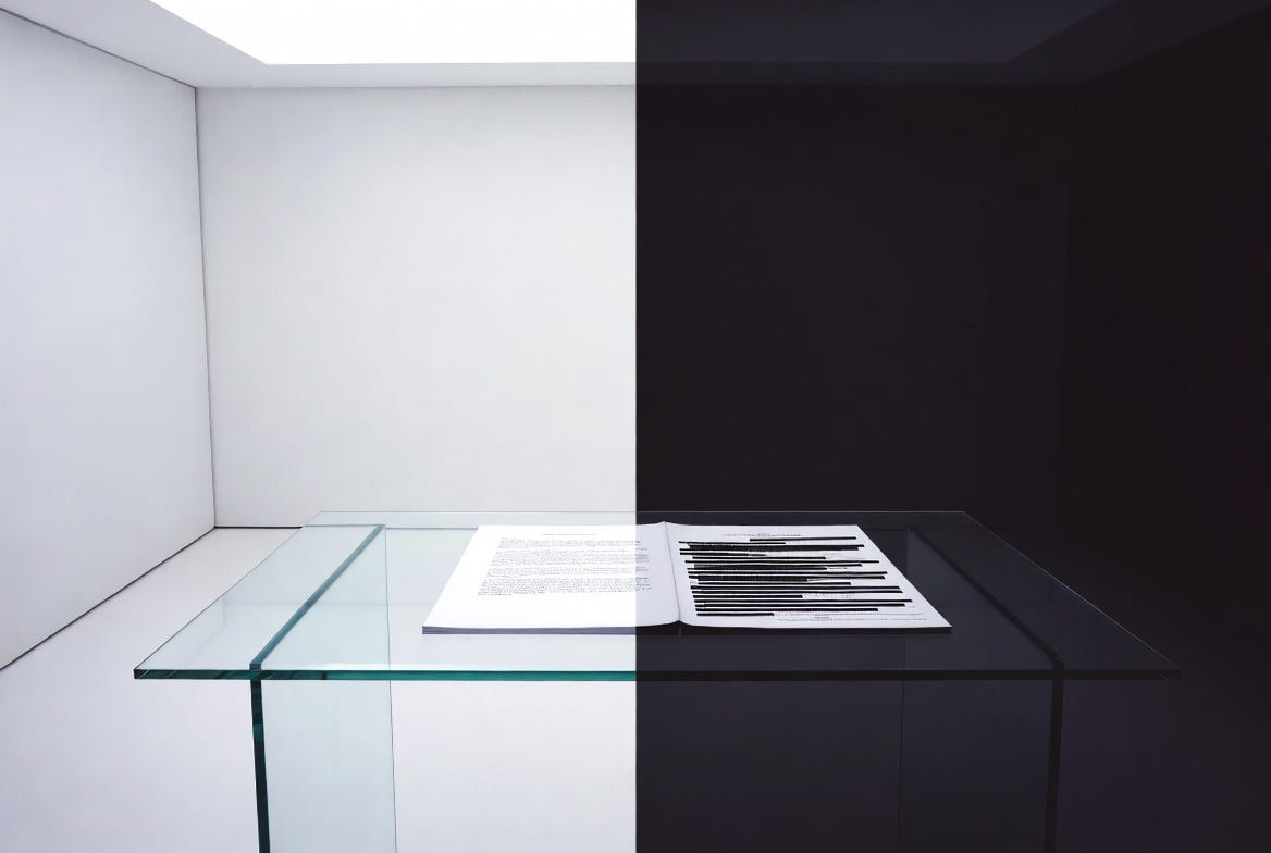 Split composition showing a bright room with a complete document on the left and a dark room with a heavily redacted version of the same document on the right. Split composition showing a bright room with a complete document on the left and a dark room with a heavily redacted version of the same document on the right.