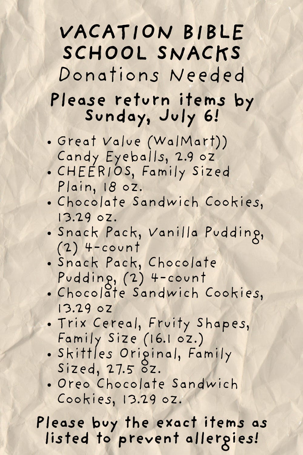 Vacation Bible School Snack Donations List