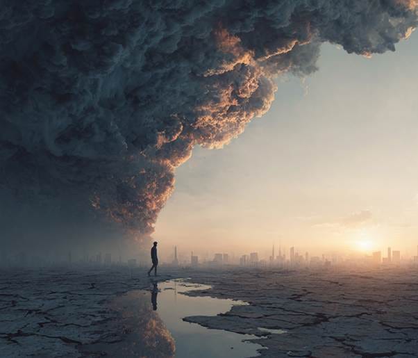 A person standing on a desert with a large cloud of smoke coming out of the water AI-generated content may be incorrect.