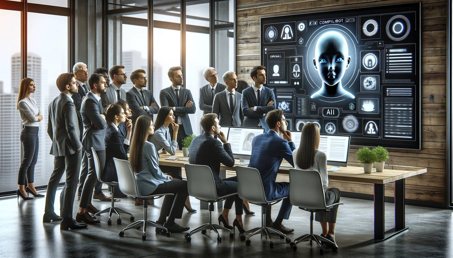 A modern office environment with a diverse group of professionals gathered around a large monitor, displaying a sophisticated AI system interface named 'CompliBot'. The atmosphere is a mix of curiosity and concern as some team members look intrigued while others appear apprehensive or confused. The setting reflects a professional yet emotionally charged atmosphere, with advanced technology visibly integrated into the workspace.