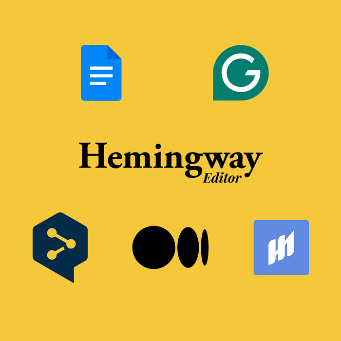Apps icons of Medium, Google Docs, Deeply, Grammarly and Hemingway editor