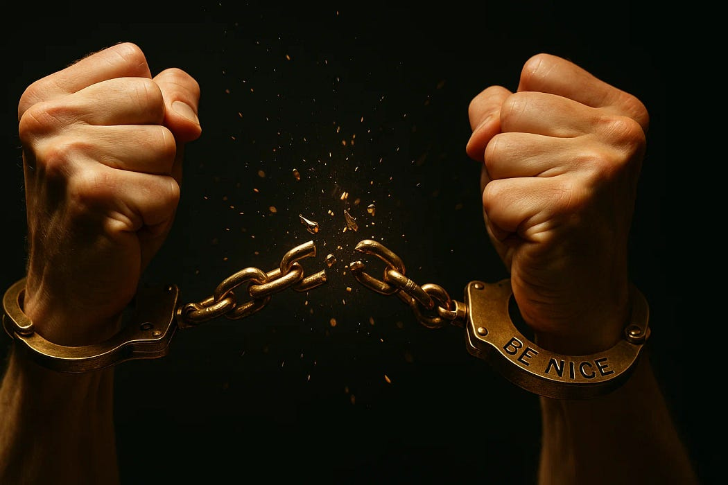 Two clenched fists break apart a pair of golden handcuffs, with the chain shattering mid-air. One cuff is engraved with the words “BE NICE,” symbolizing the explosive release from forced politeness, people-pleasing, or emotional suppression. The dark background highlights the dramatic burst of empowerment and liberation.