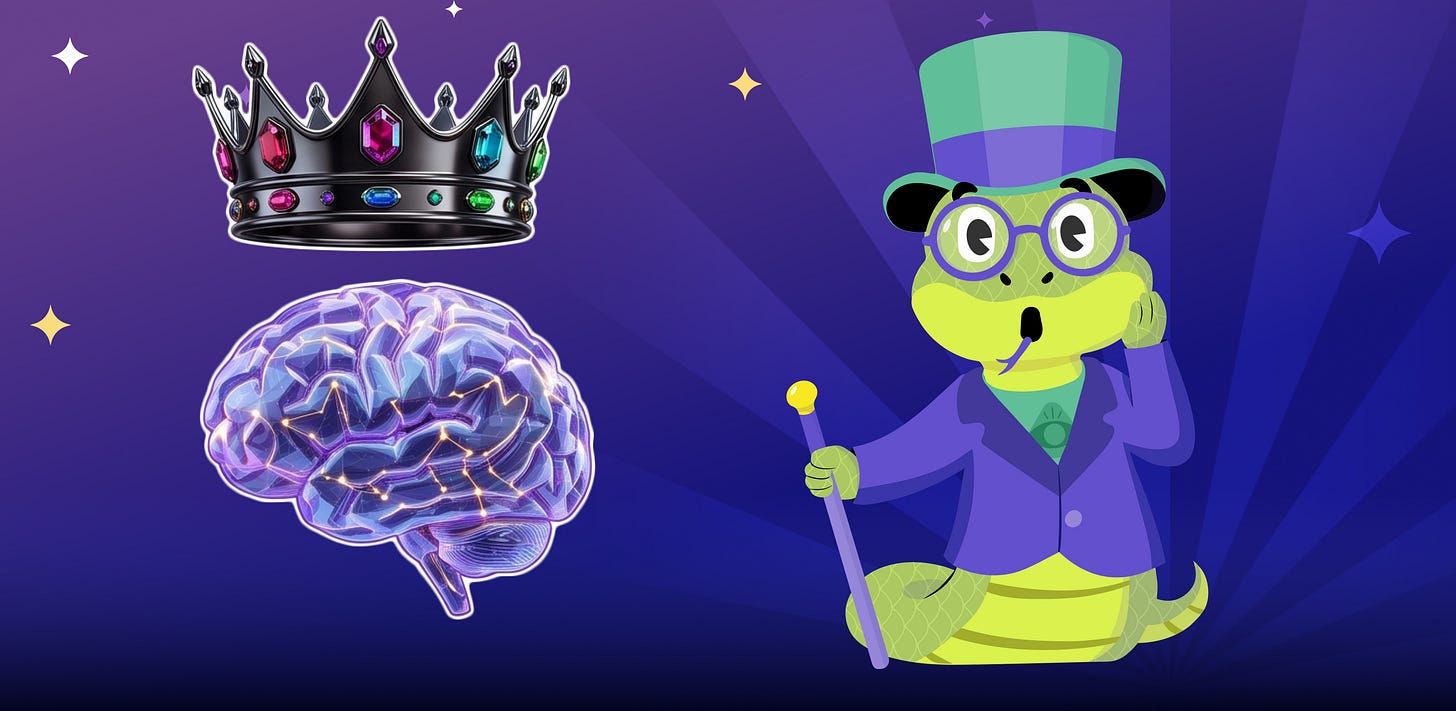 The lizard mascot beside a row of jewelled crowns and a glowing brain on a purple background. The lizard mascot beside a row of jewelled crowns and a glowing brain on a purple background.