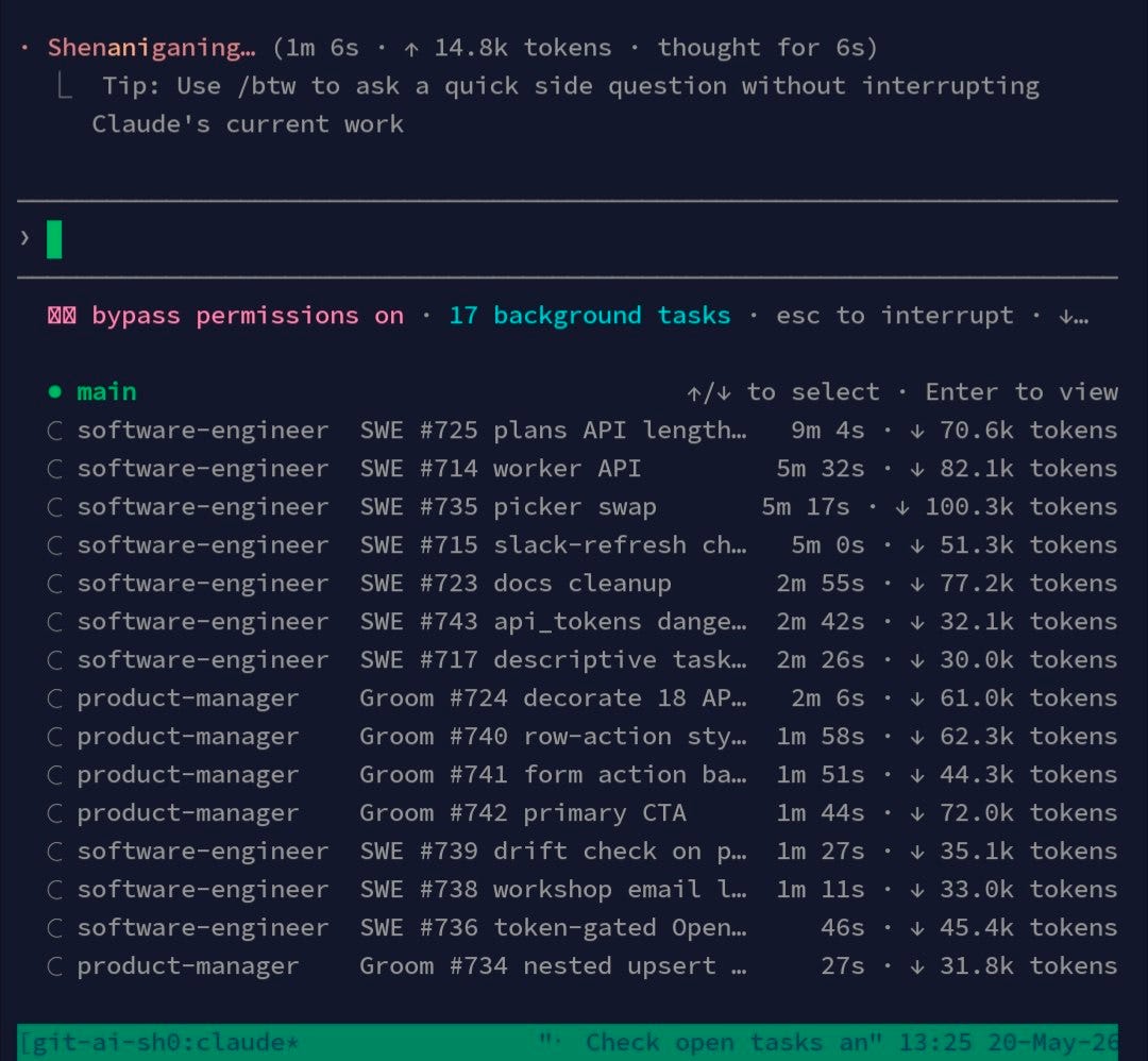 Claude Code running-tasks panel with multiple SWE and product-manager agents working on AI Shipping Labs website features Claude Code running-tasks panel with multiple SWE and product-manager agents working on AI Shipping Labs website features